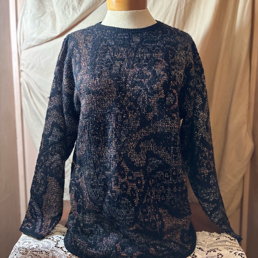 Basic Edition Vintage Black & Gold Patterned Sweater SZ M possibly L. Stretchy.